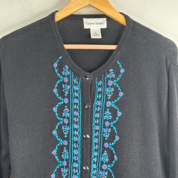 Vintage Embroidered Cardigan Sweater M Black Boho Whimsigoth Ramie Cotton Granny - Picture 2 of 9
